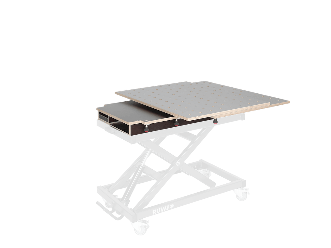 RUWI Tête de table HPL pivotant - Plateau perforé avec tiroir et espace de rangement - RUWI I Outils pour les professionnels du bois