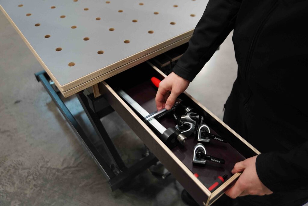 Hpl Timber Grid RUWI Premium lift table with HPL swivel perforated grid plate - RUWI I ...