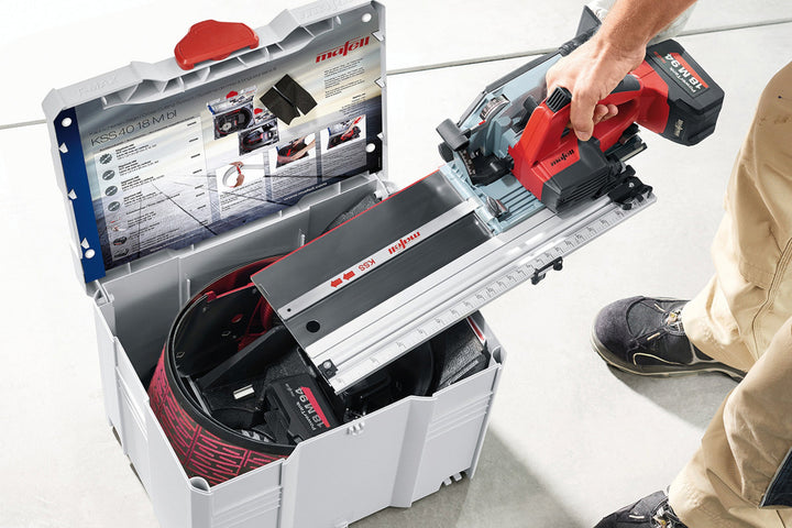 Mafell Akku-Kappschienen-Säge KSS 40 18M bl: Ein System, fünf Sägen, eine Box: KSS 40 als Kappsäge, Tauchsäge, Schattenfugensäge, Handkreissäge oder Handkreissäge mit Flexi-Schiene…