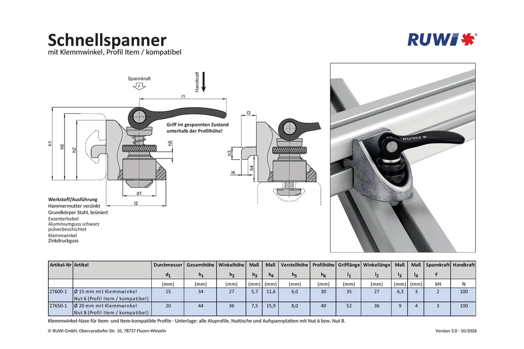 Équerre de serrage avec système de serrage rapide pour rainure