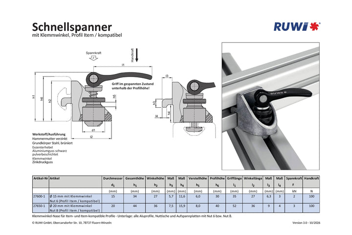 Équerre de serrage avec système de serrage rapide pour rainure