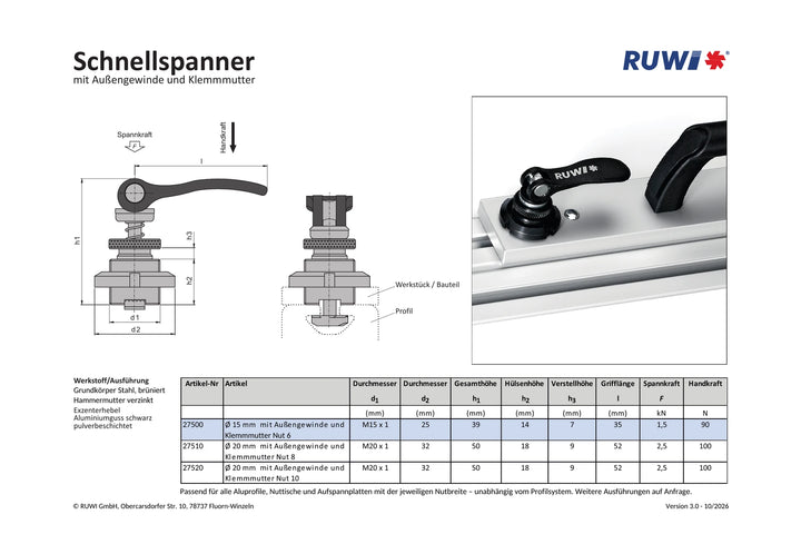 Schnellspanner Ø 15 mm mit Außengewinde und Klemmutter für Nut 6