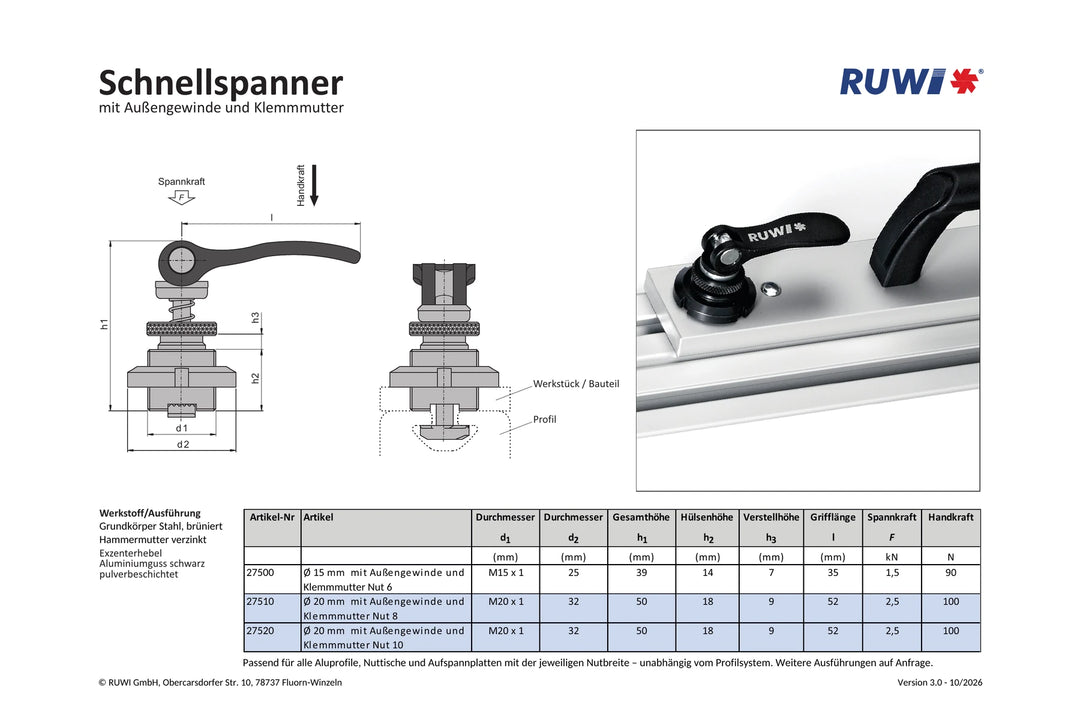 Schnellspanner ø 20 mm mit Außengewinde und Klemmutter für Nut 8 + 10