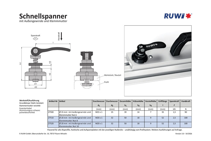 Schnellspanner ø 20 mm mit Außengewinde und Klemmutter für Nut 8 + 10