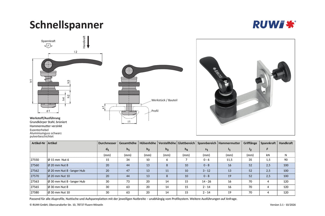 Schnellspanner ø 20 mm für Nut 8 + 10