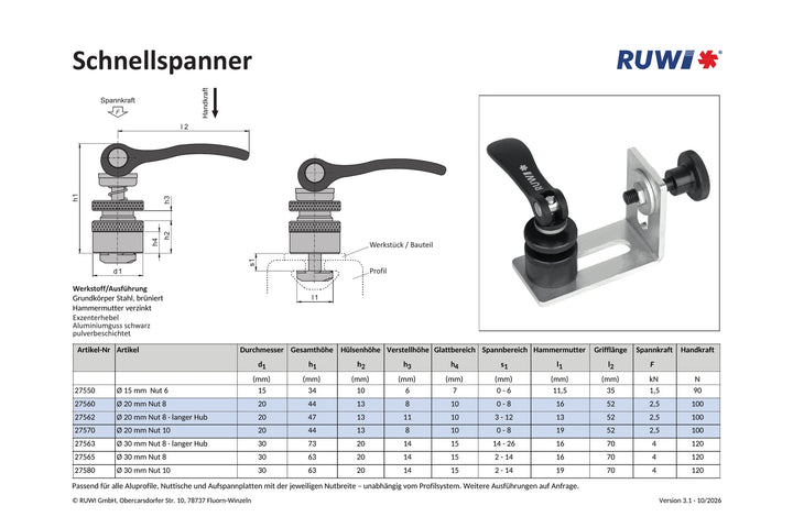 Schnellspanner ø 20 mm für Nut 8 + 10