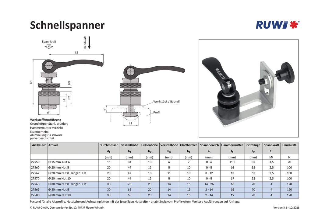 Schnellspanner ø 30 mm für Nut 8 + 10