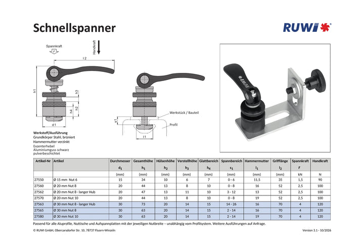 Schnellspanner ø 30 mm für Nut 8 + 10
