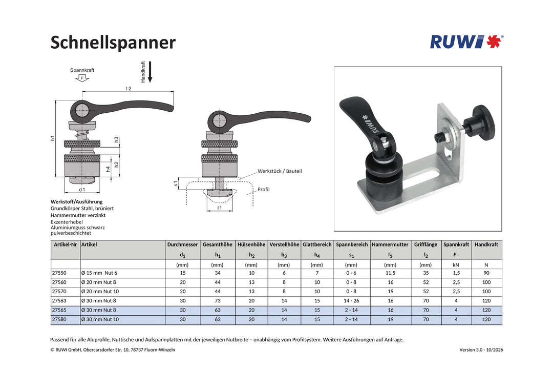 Schnellspanner ø 30 mm für Nut 8 + 10