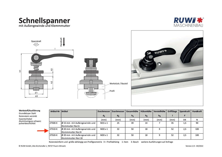 RUWI Schnellspanner ø20 mm Nut mit Außengewinde und Klemmutter für Nut 10 - RUWI I Werkzeuge für Holzprofis