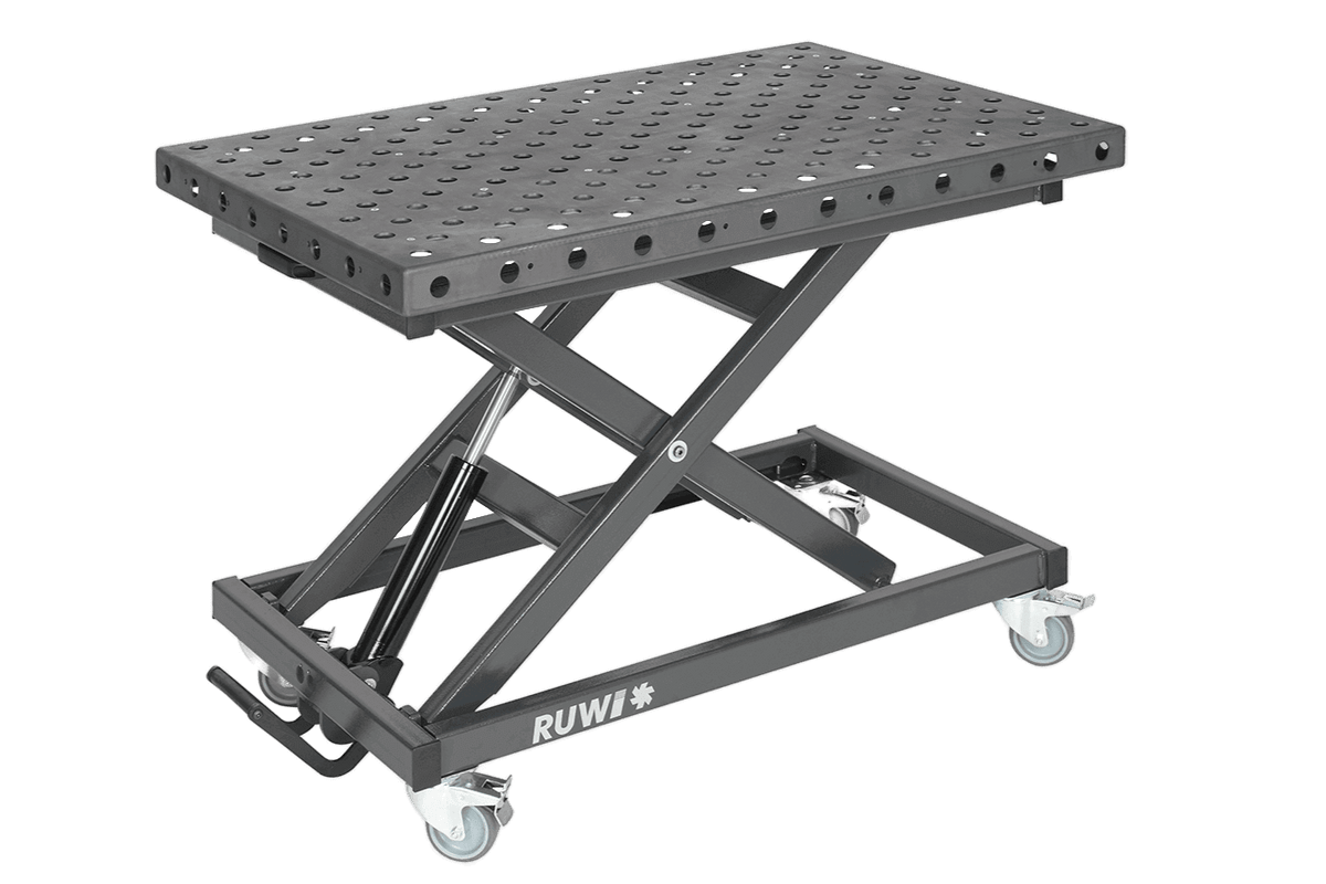 RUWI Montage- und Schweißtisch Hubtisch, Lochplatte Ø 28 mm, mobil auf dem Scherenhubtisch-Untergestell mit Hydraulik-Fußpumpe und vier Lenkrollen