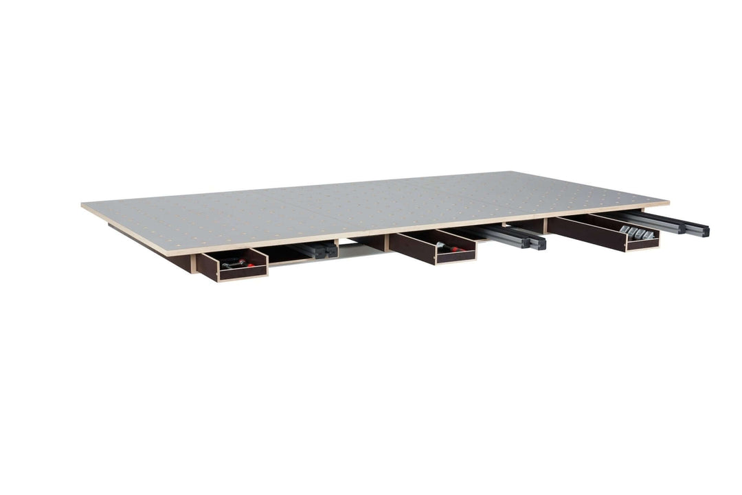 Tête de table HPL plateau perforé avec tiroir et espace de rangement - RUWI I Outils pour les professionnels du bois