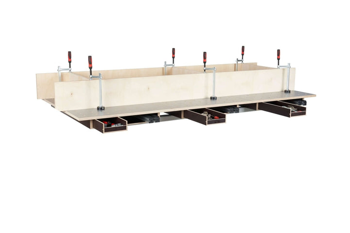 Tête de table HPL plateau perforé avec tiroir et espace de rangement - RUWI I Outils pour les professionnels du bois